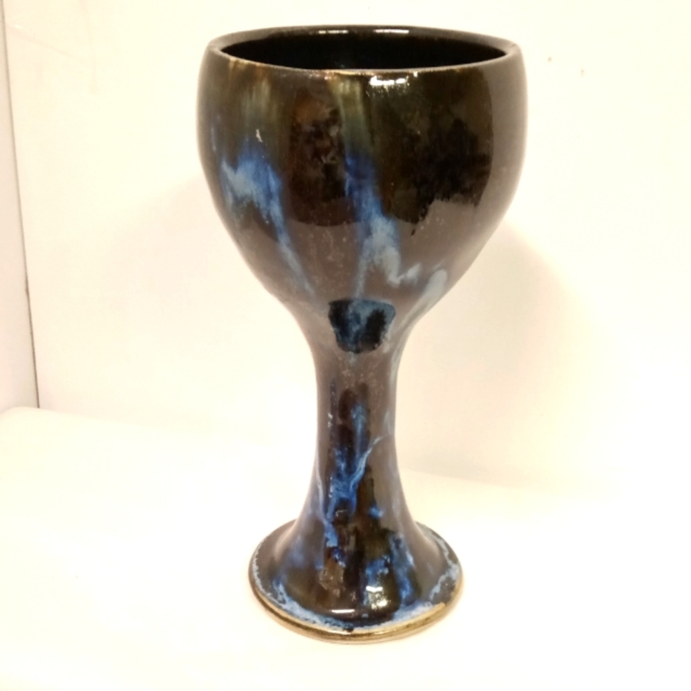 RARE Vintage Handcrafted Churning Pottery Art Goblet Blues Dripping Glazed 8"